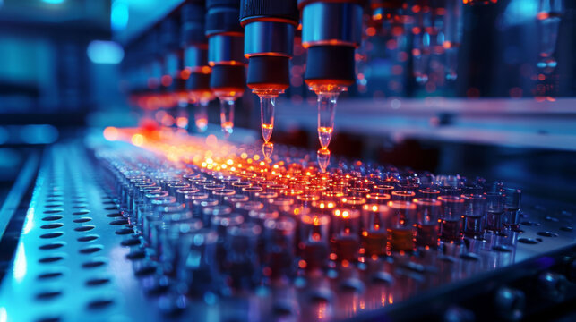 Close up on high throughput liquid handling system with illuminated pipetting tips, showcasing precision and advanced technology in laboratory setting