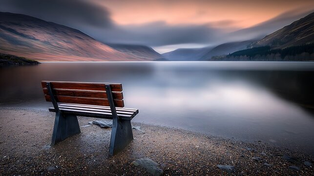 The early morning sunlight creates a peaceful and ethereal atmosphere over a tranquil lake, with the misty fog adding a sense of mystery and calmness to the serene landscape.