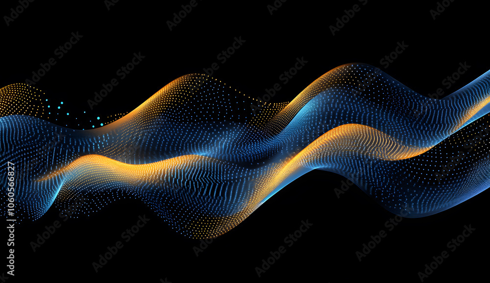 Poster 3d render of a red and blue gradient wave made from glowing dots on a black background