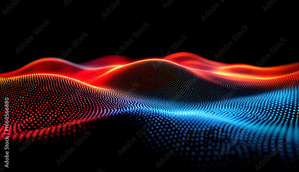 Poster 3d render of a red and blue gradient wave made from glowing dots on a black background