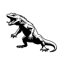 Black isolated silhouette of lizard on white background.