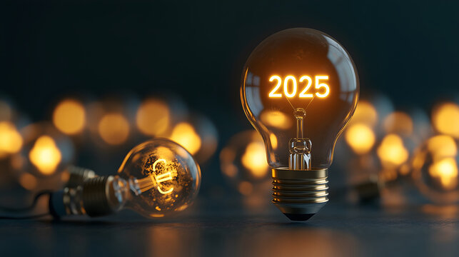 new year 2025 , A yellow light bulb  , Generative ai