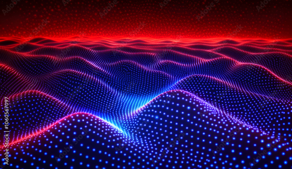 Poster 3d render of a red and blue gradient wave made from glowing dots on a black background