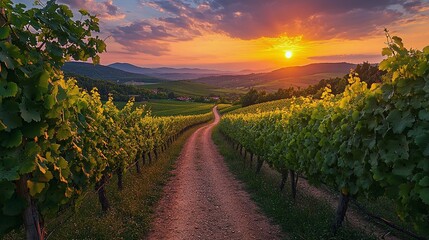 Obraz premium Countryside Vineyard Path at Sunset with Distant Hills