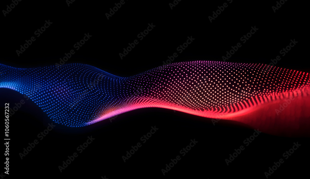 Poster 3d render of a red and blue gradient wave made from glowing dots on a black background