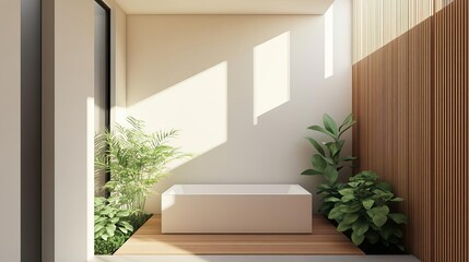 Fototapeta premium Minimalist spa bath, open layout, greenery, calming natural light