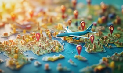 Fototapeta premium 3D web vector illustrations showcasing airplane trips around the world with travel pin locations on a global map