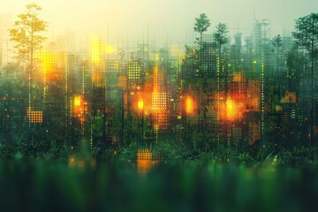 Fototapeta premium Abstract Cityscape with Green Foliage and Glowing Lights