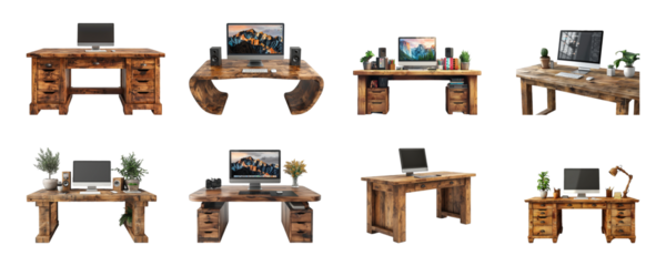 A collection of wooden office computer table isolated, Computer desk isolated on transparent background cutout png Generative AI