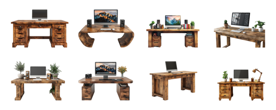 A collection of wooden office computer table isolated, Computer desk isolated on transparent background cutout png Generative AI