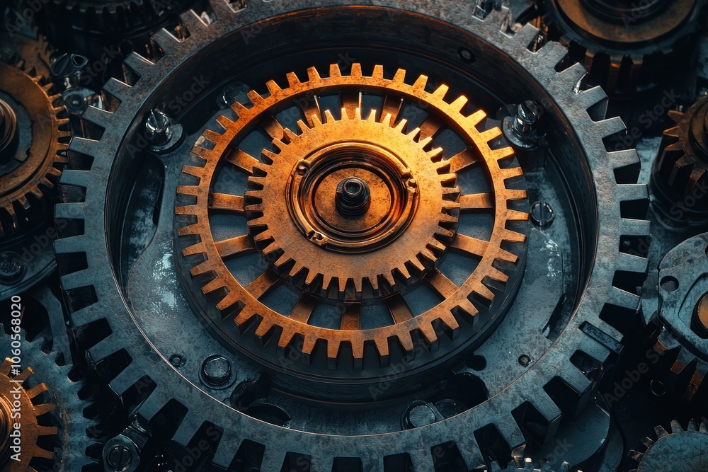 Poster close-up of a complex interlocking gear system