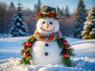 Fototapeta premium Snowman with a Wreath Around Neck