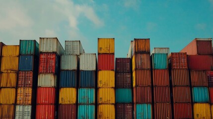 Fototapeta premium Colorful stacked cargo containers at a port under blue sky.