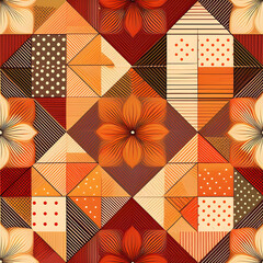 a seamless pattern with a patchwork effect, combining squares of polka dots, stripes, and floral motifs in a warm autumn color palette