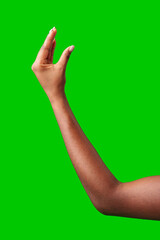 A hand making a gesture with a green background during daylight