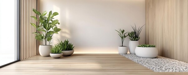 Modern spa retreat, wood textures, stone floor, subtle lighting, indoor plants, zen relaxation