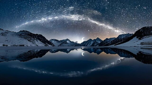 Landscape of a mountain at night with stars and galaxy background .