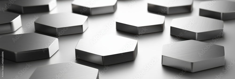 Poster abstract 3d metallic hexagons arranged on a gradient silver background, with subtle shadows for dept