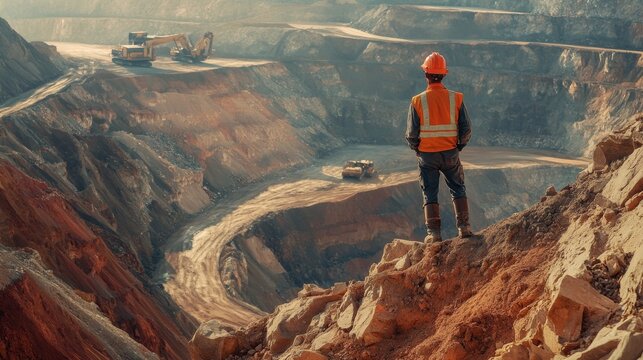 A dedicated worker in protective clothing faces the mountainous copper quarry landscape, embodying strength and commitment in mining