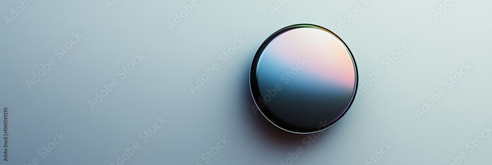 Poster chrome-like metallic circle with a gradient shine, centered on a smooth, light gray background, refl