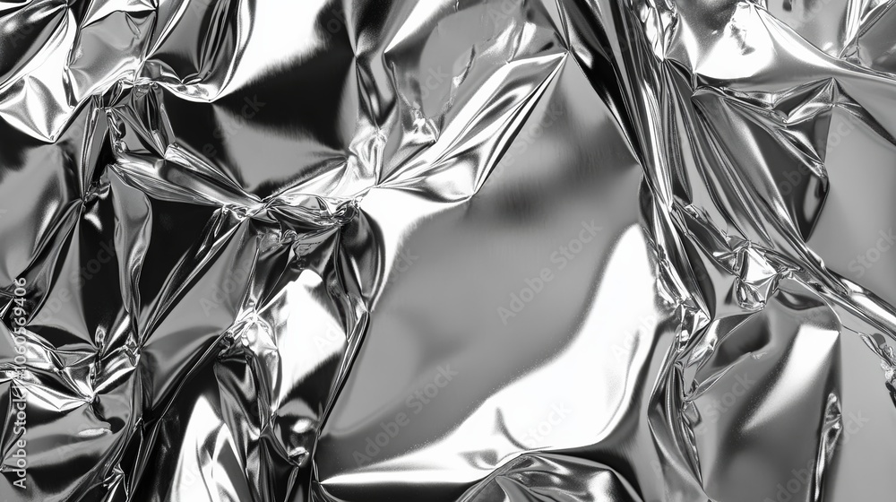 Poster close-up of a crumpled silver foil surface with intricate reflections, creating a textured, abstract