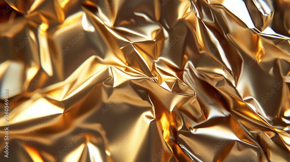 Poster crumpled foil texture with bright highlights and shadows, creating an abstract, shimmering backgroun