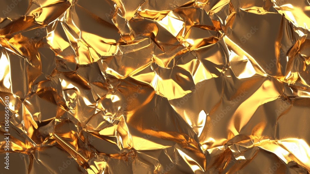 Poster crumpled foil texture with bright highlights and shadows, creating an abstract, shimmering backgroun