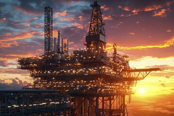 Obraz premium A digital twin of an oil rig, showcasing intricate machinery, live monitoring panels, and a breathtaking sunset glow.
