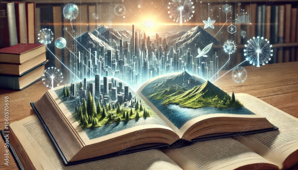 Poster Imagination transforms pages into vivid landscapes merging nature and cityscapes in a captivating visual journey