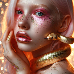 Luxury fashion style photo. Beautiful woman with a snake. Book magazine creative concept cover photography