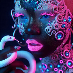 Beautiful fashion model woman with snake. Creative photo for magazine cover. Avantgarde fashionable concept photoshoot