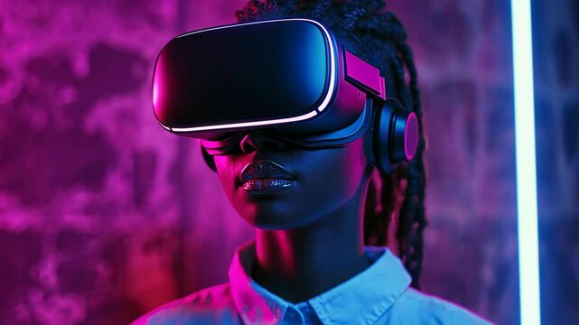 A woman wearing a VR headset looks into the virtual world in a neon-lit room