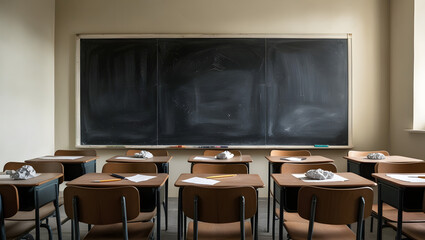 Fototapeta premium Image of a classroom or lecture room which is used for education for kids and teenagers mostly. Blackboard, tables, chairs, pencils and paper