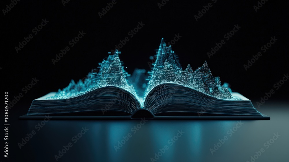 Poster a digital book unveils vibrant waves of data blending literature and technology in a stunning visual