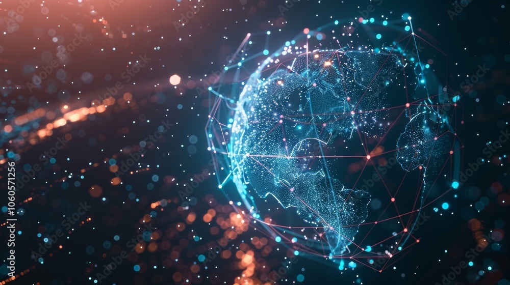 Poster futuristic digital planet earth rotating in space with interconnected points of light and informatio