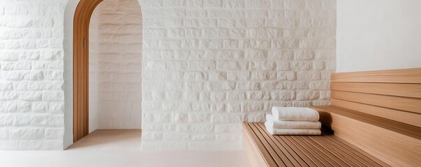 Scandinavian spa retreat, white stone walls, natural wood accents