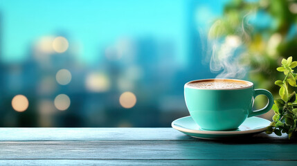 Obraz premium steaming cup of coffee on rustic table with serene background