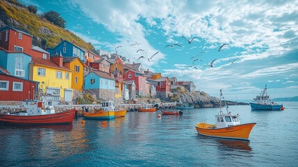 Obraz premium Coastal Town with Colorful Houses and Fishing Boats in the Harbor