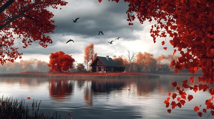 Majestic Autumn Skyline with Soaring Herons and Fiery Maple Trees