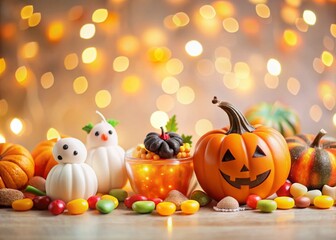 Halloween Candy and Decorations on White Background with Bokeh Effect - Spooky, Colorful Treats, Festive Decor, Sweet Treats, Autumn Vibes, Trick or Treat, Fall Celebration, Halloween Party