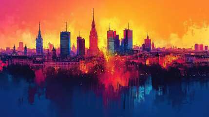 Fototapeta premium Warsaw, Poland, Pop Art style theme print. Cityscape, city skyline.Vibrant, bright, modern, trendy, graphic designed for poster, card, wallpaper