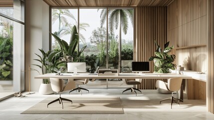 Fototapeta premium Modern Office with Greenery and Natural Lighting