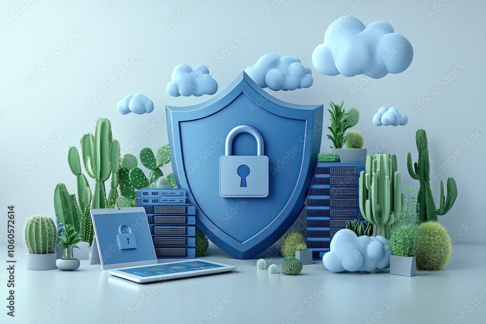 Poster Blue Shield Protecting a Server and Laptop with Lock in Front of Cacti and Clouds