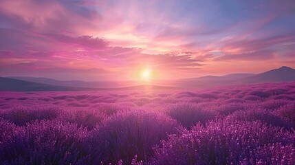 Obraz premium Serene Lavender Fields Under Colorful Sunset Sky