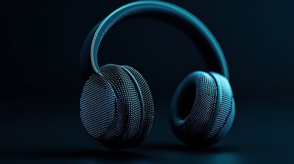 Futuristic headphones with glowing blue dots on a black background, showcasing modern design and technology aesthetics.