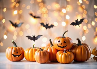 Halloween Pumpkin and Bat Decor on White Background - Spooky Seasonal Decor, Autumn Theme, Festive Display, Holiday Decorations, Trick or Treat, Fall Aesthetics, Cute Halloween Design