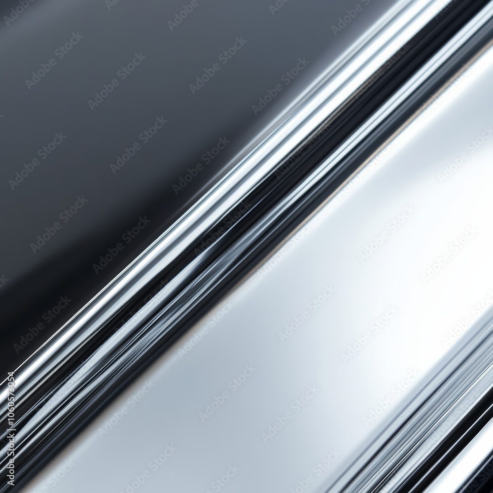 Poster polished chrome metallic surface with fine lines and gradient reflections, set on a plain gray backg