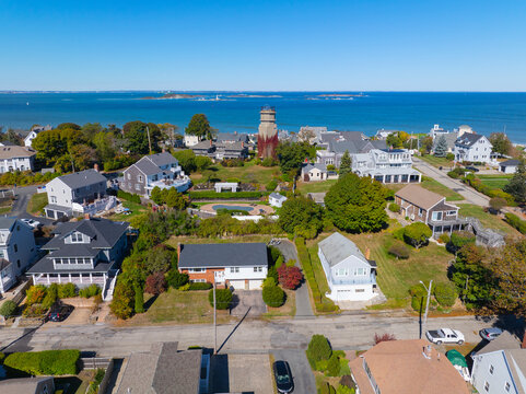 Point Allerton Fire Control Tower (FCT) aerial view in historic village of Allerton, the peninsula is part of Hull, Massachusetts MA, USA. 