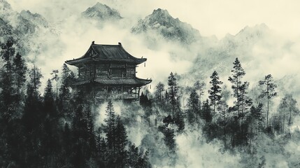 Serene ancient architecture surrounded by misty mountains and dense trees.