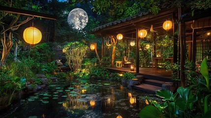 Obraz premium Serene garden illuminated by lanterns, reflecting in tranquil pond under a full moon, lush greenery surrounds.